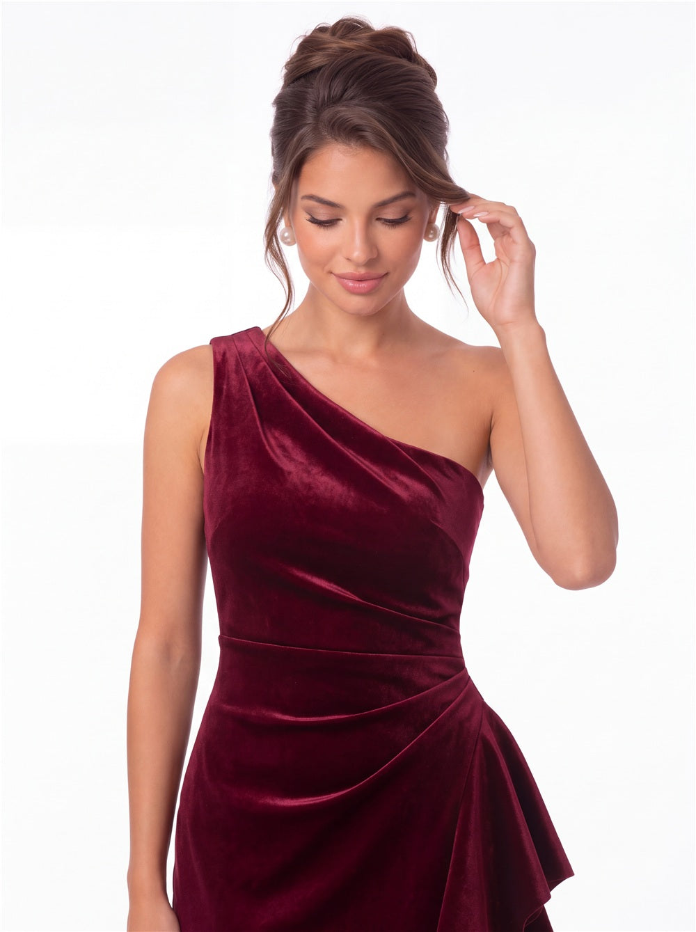 One-Shoulder Velvet Ruched Ruffle Maxi Gown - Detail View 1