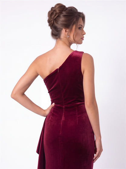 One-Shoulder Velvet Ruched Ruffle Maxi Gown - Detail View 2