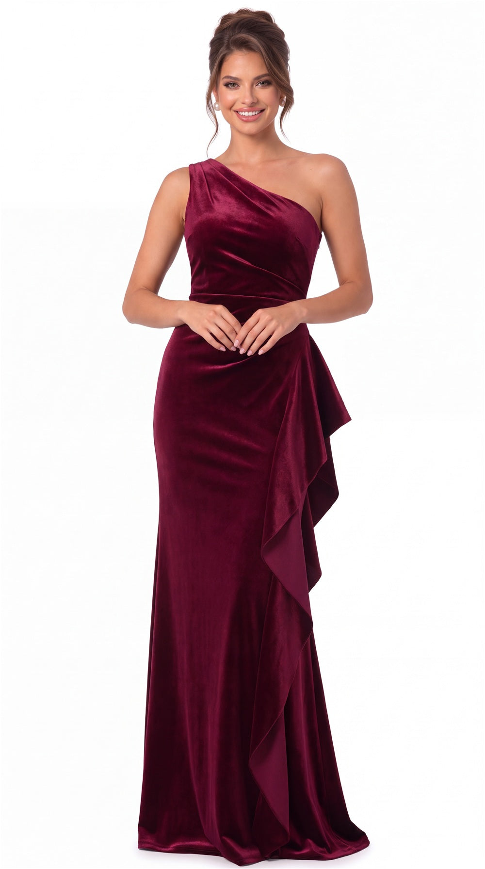 One-Shoulder Velvet Ruched Ruffle Maxi Gown - Detail View 3