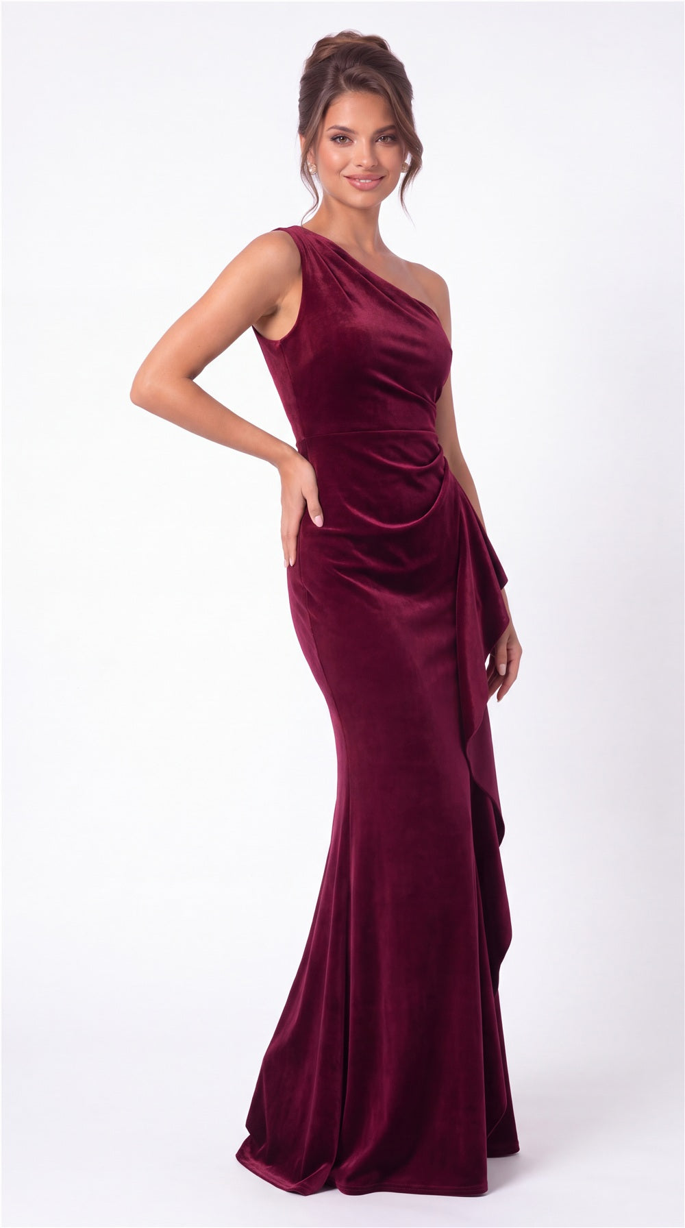One-Shoulder Velvet Ruched Ruffle Maxi Gown - Detail View 4