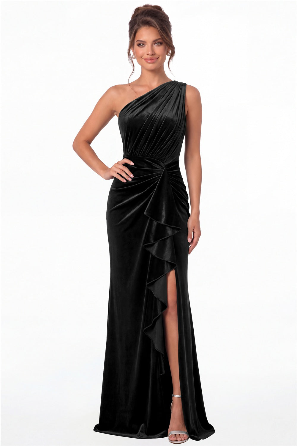 Black One-Shoulder Ruched Velvet Ruffle Slit Maxi Gown - Front View