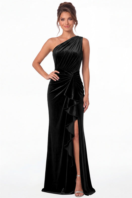 Black One-Shoulder Ruched Velvet Ruffle Slit Maxi Gown - Front View