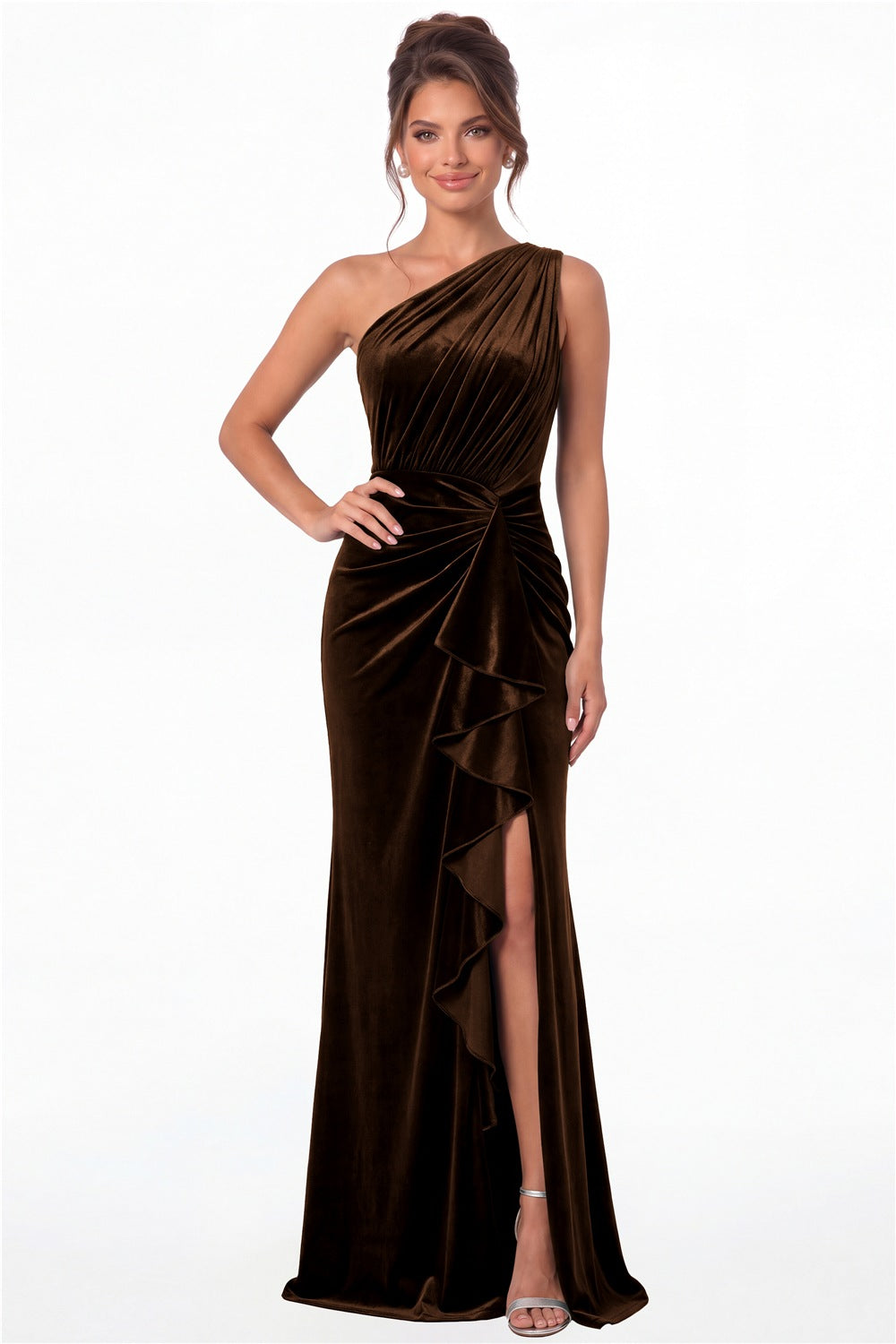Brown One-Shoulder Ruched Velvet Ruffle Slit Maxi Gown - Front View