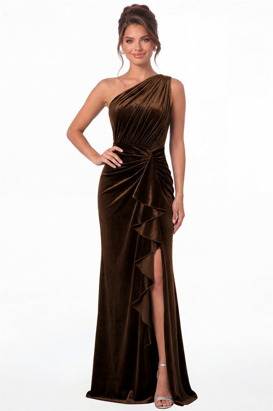 Brown One-Shoulder Ruched Velvet Ruffle Slit Maxi Gown - Front View