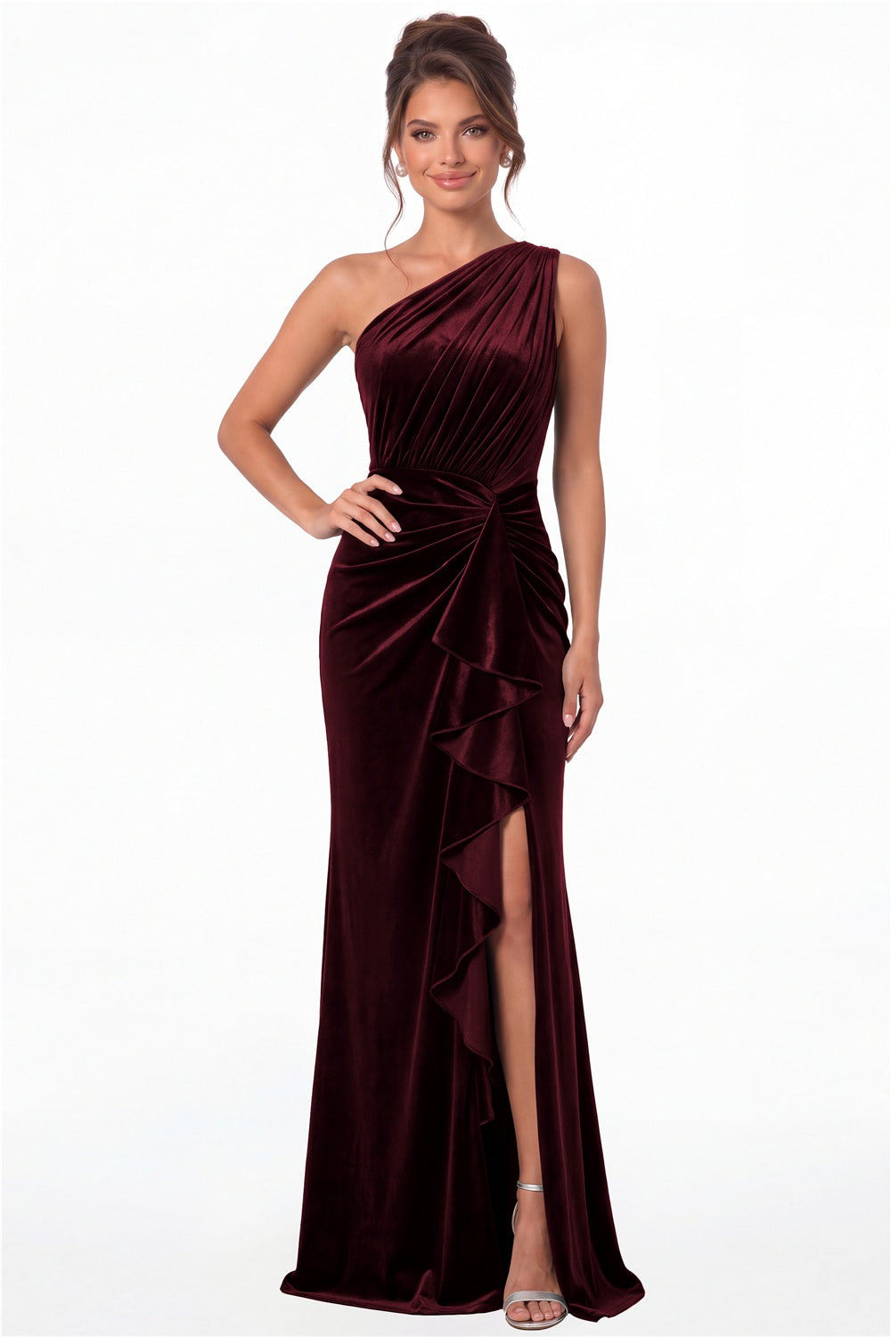 Burgundy One-Shoulder Ruched Velvet Ruffle Slit Maxi Gown - Front View