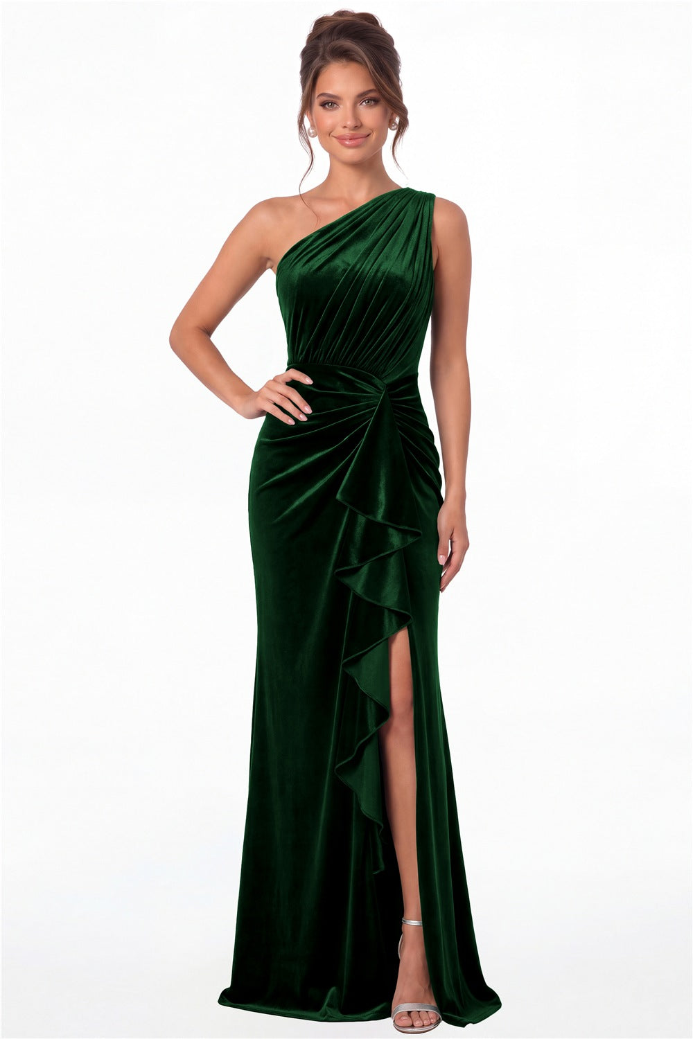 Emerald Green One-Shoulder Ruched Velvet Ruffle Slit Maxi Gown - Front View