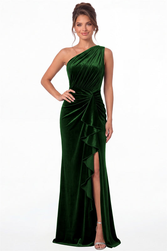 Emerald Green One-Shoulder Ruched Velvet Ruffle Slit Maxi Gown - Front View