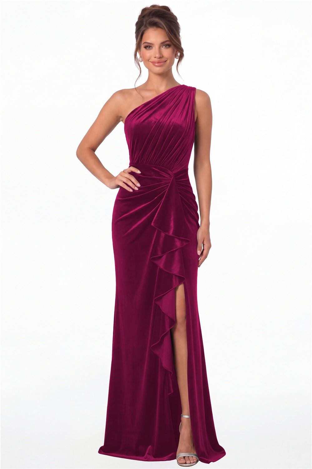 Fuchsia One-Shoulder Ruched Velvet Ruffle Slit Maxi Gown - Front View