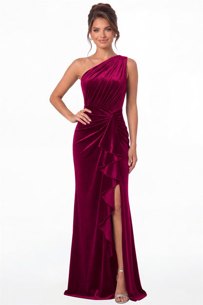 Fuchsia One-Shoulder Ruched Velvet Ruffle Slit Maxi Gown - Front View