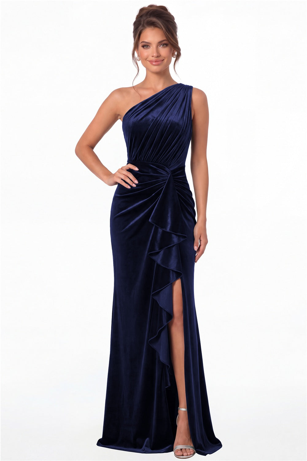 Navy Blue One-Shoulder Ruched Velvet Ruffle Slit Maxi Gown - Front View