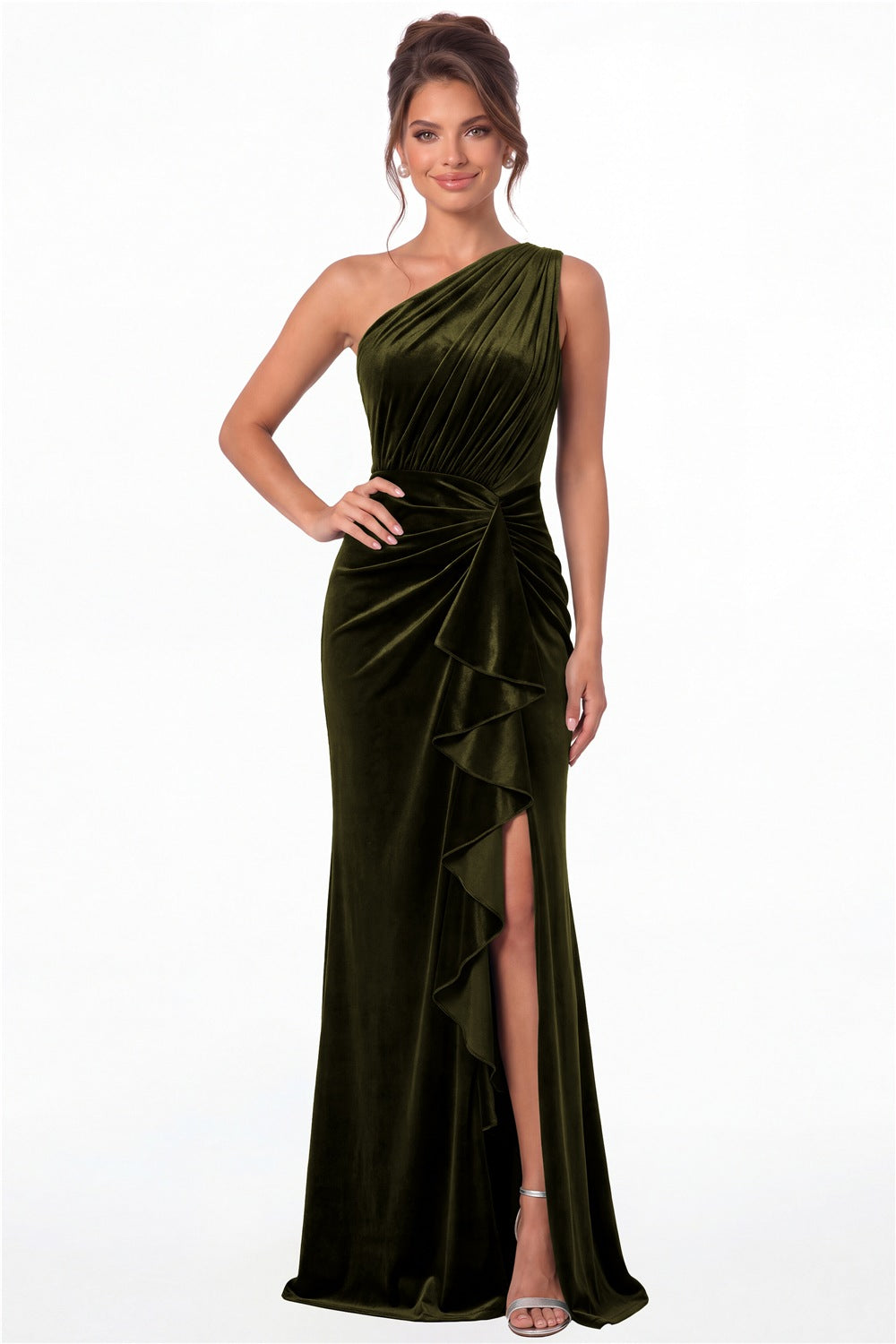 Olive Green One-Shoulder Ruched Velvet Ruffle Slit Maxi Gown - Front View