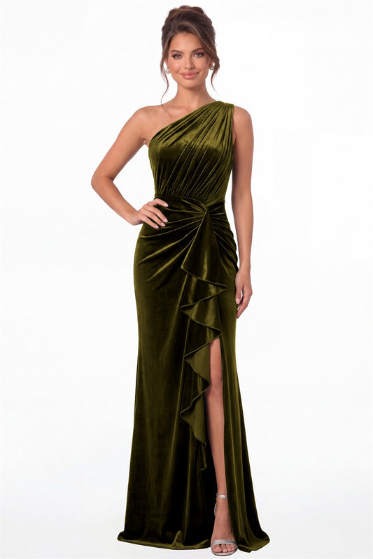 Olive Green One-Shoulder Ruched Velvet Ruffle Slit Maxi Gown - Front View