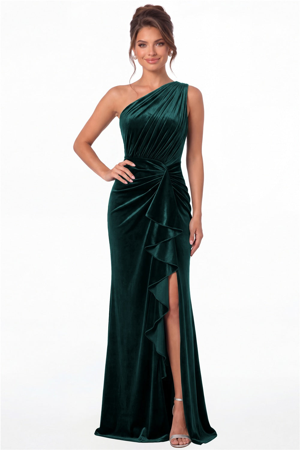 Peacock One-Shoulder Ruched Velvet Ruffle Slit Maxi Gown - Front View