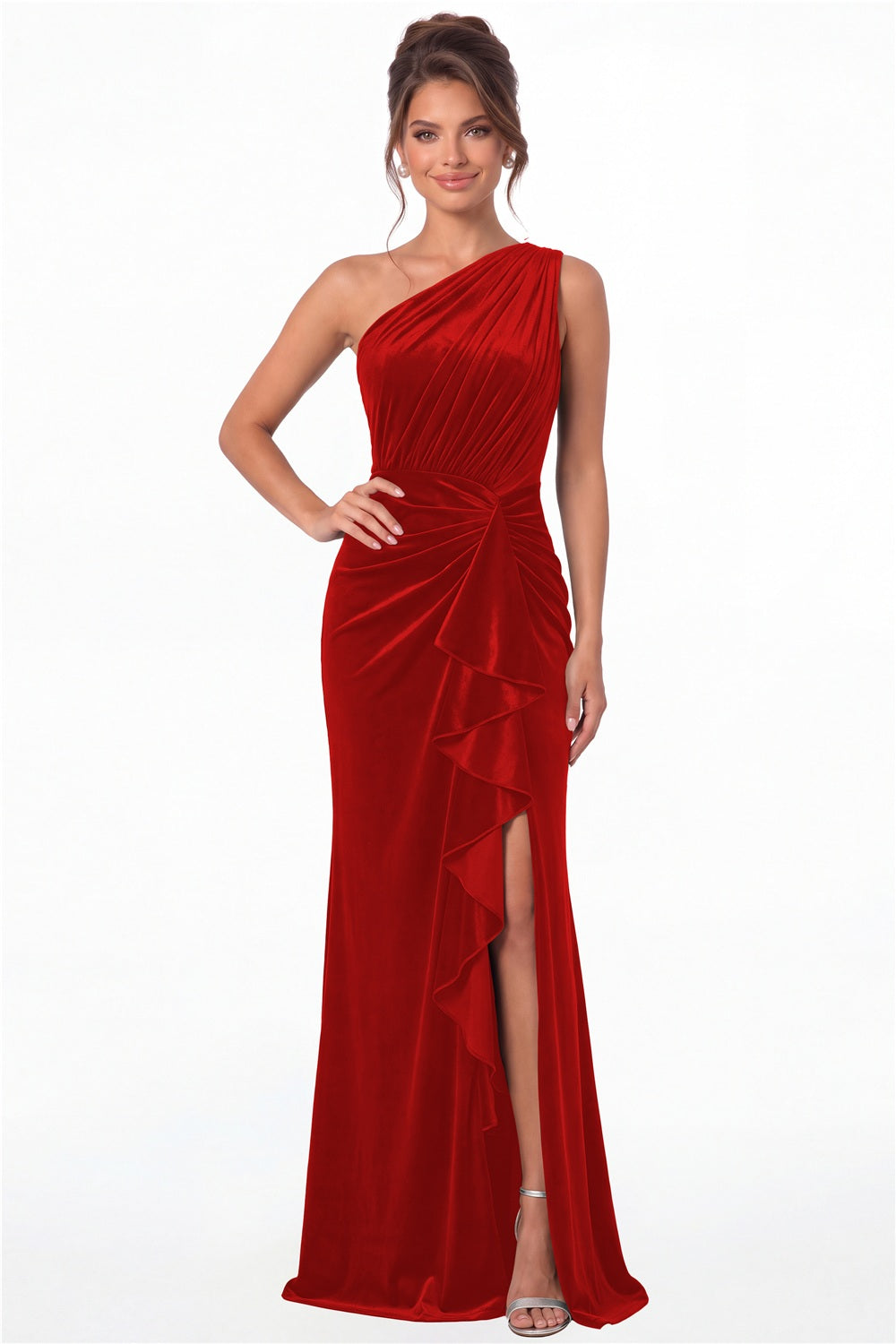Red One-Shoulder Ruched Velvet Ruffle Slit Maxi Gown - Front View