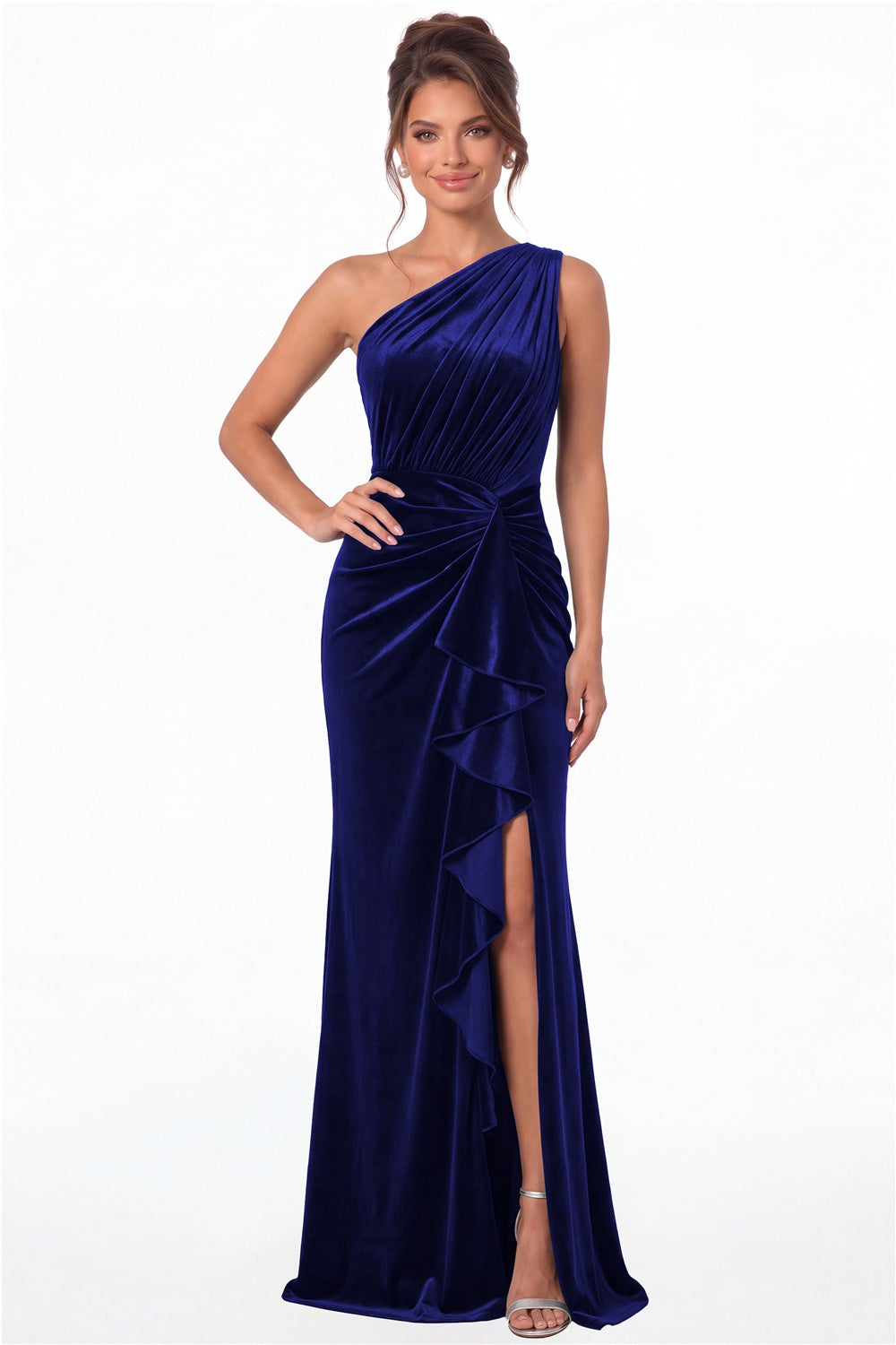 Royal Blue One-Shoulder Ruched Velvet Ruffle Slit Maxi Gown - Front View