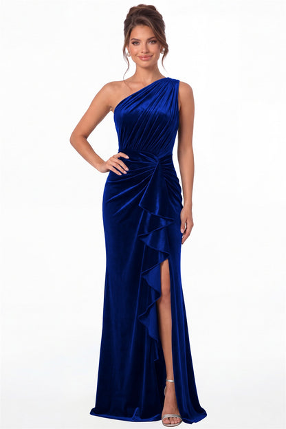 Royal Blue One-Shoulder Ruched Velvet Ruffle Slit Maxi Gown - Front View