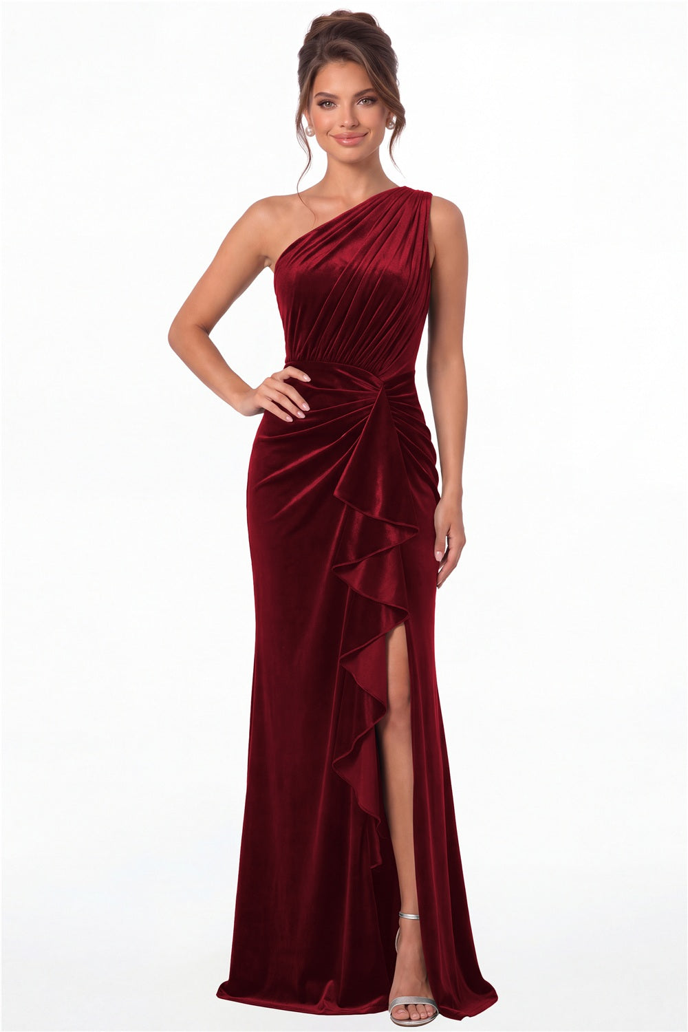 Wine Red One-Shoulder Ruched Velvet Ruffle Slit Maxi Gown - Front View