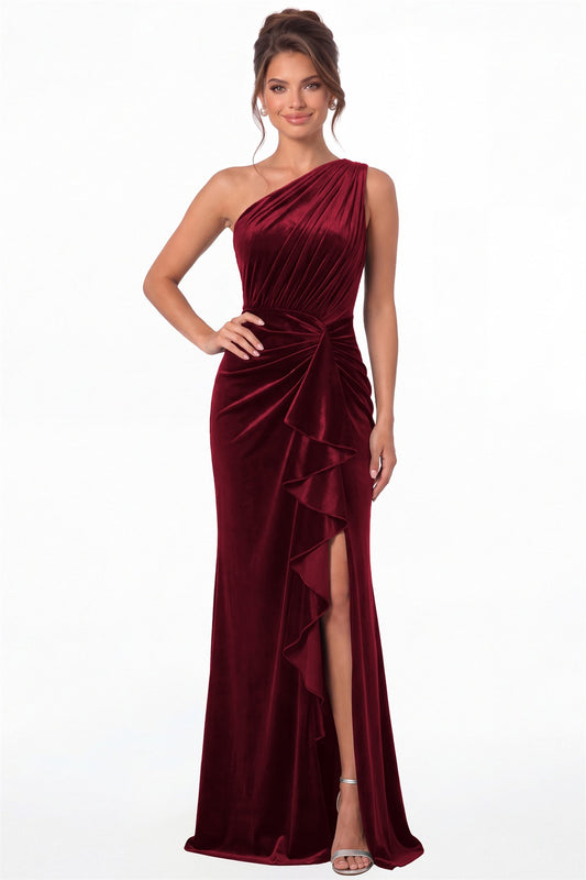 Wine Red One-Shoulder Ruched Velvet Ruffle Slit Maxi Gown - Front View