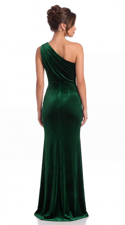 One-Shoulder Ruched Velvet Ruffle Slit Maxi Gown - Back View