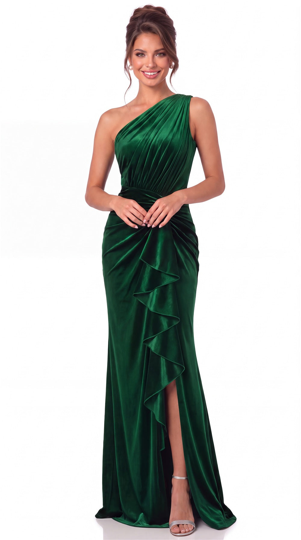 One-Shoulder Ruched Velvet Ruffle Slit Maxi Gown - Detail View 3