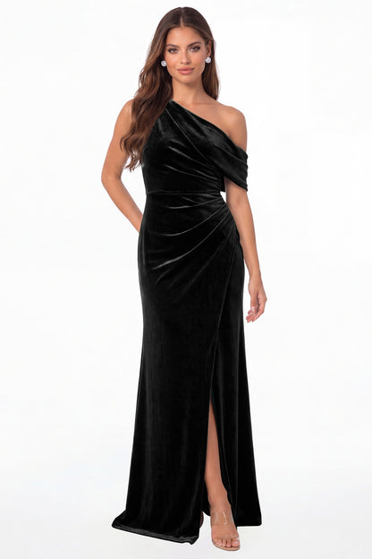 Black One Shoulder Velvet Ruched Slit Maxi Gown - Front View