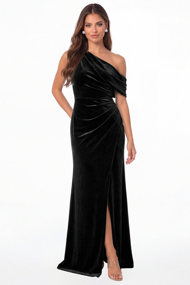 Black One Shoulder Velvet Ruched Slit Maxi Gown - Front View