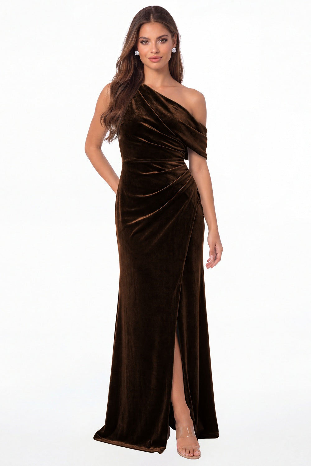 Brown One Shoulder Velvet Ruched Slit Maxi Gown - Front View