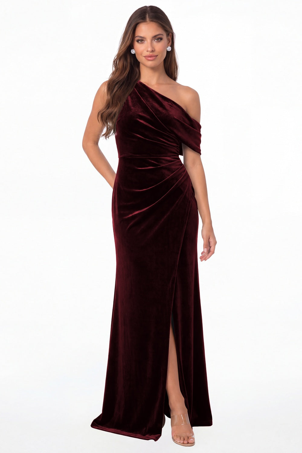 Burgundy One Shoulder Velvet Ruched Slit Maxi Gown - Front View
