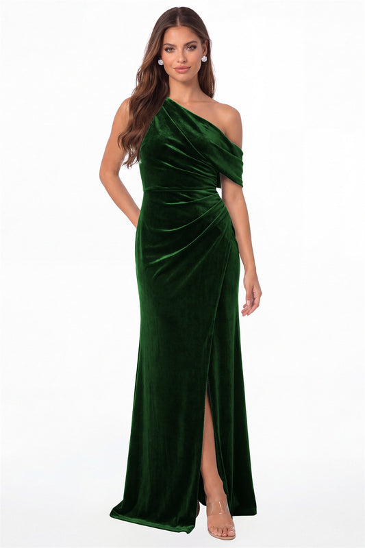 Emerald Green One Shoulder Velvet Ruched Slit Maxi Gown - Front View