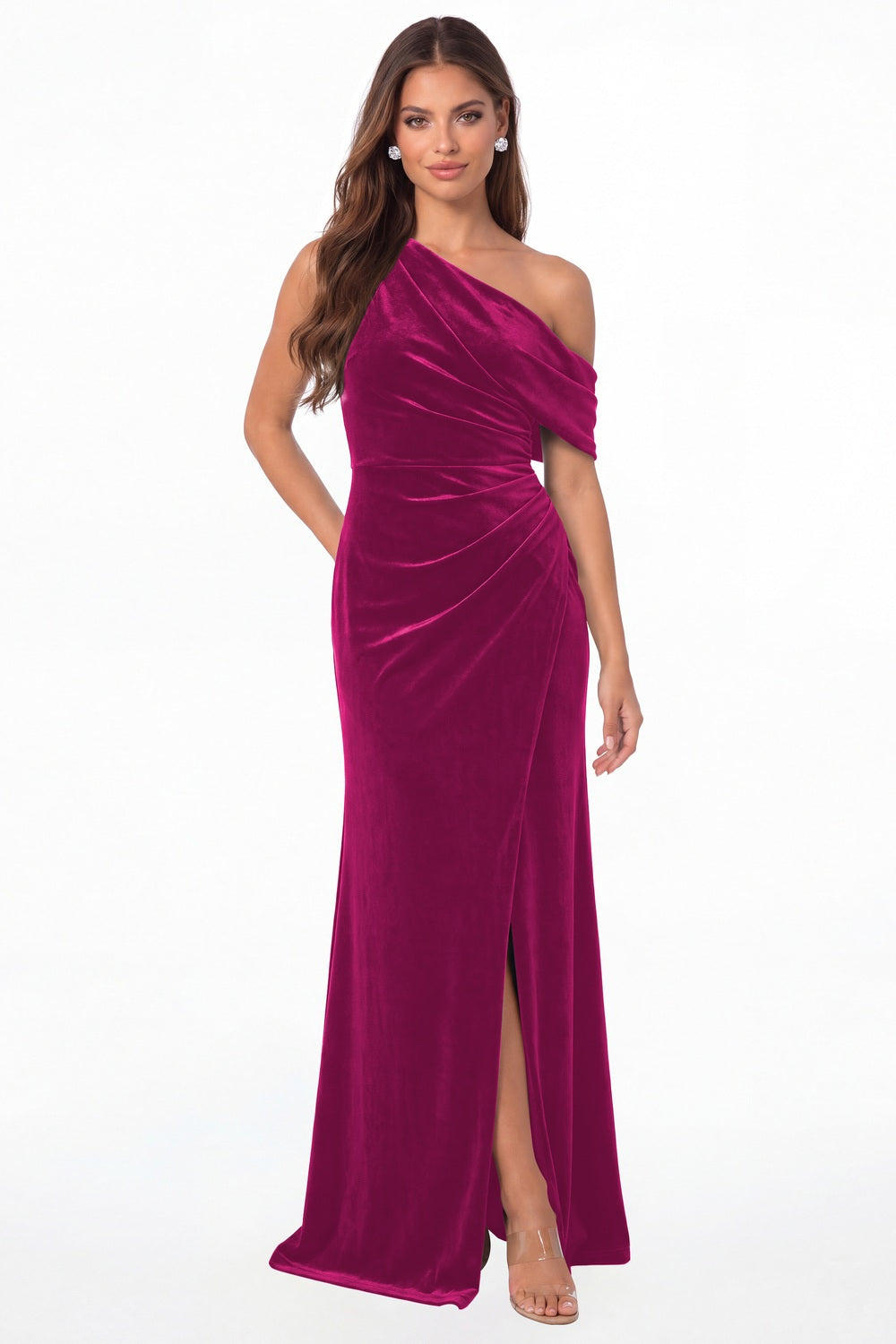 Fuchsia One Shoulder Velvet Ruched Slit Maxi Gown - Front View