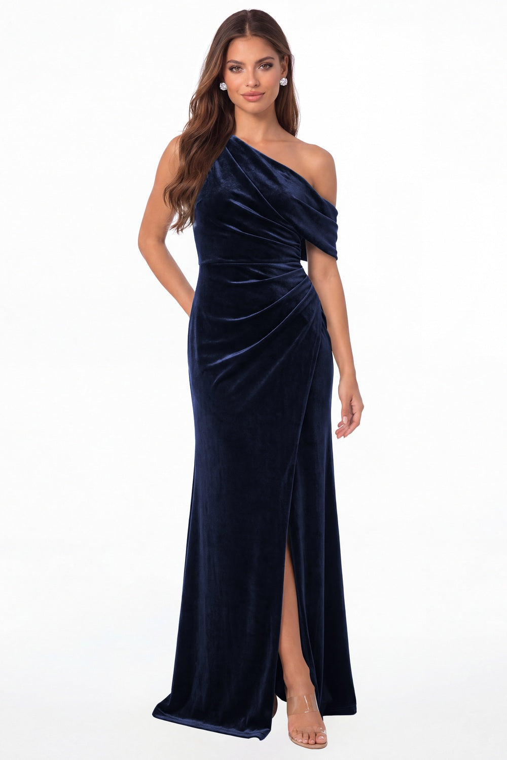 Navy Blue One Shoulder Velvet Ruched Slit Maxi Gown - Front View