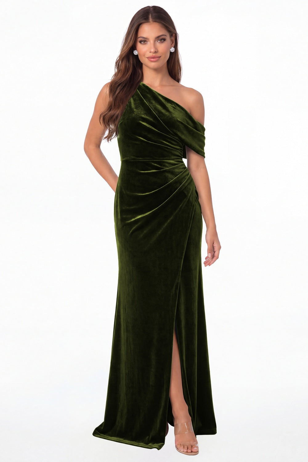 Olive Green One Shoulder Velvet Ruched Slit Maxi Gown - Front View