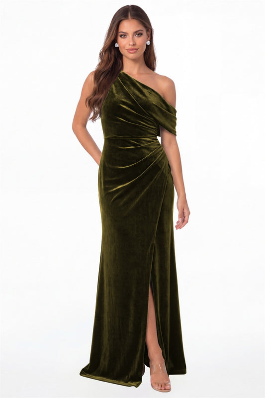 Olive Green One Shoulder Velvet Ruched Slit Maxi Gown - Front View