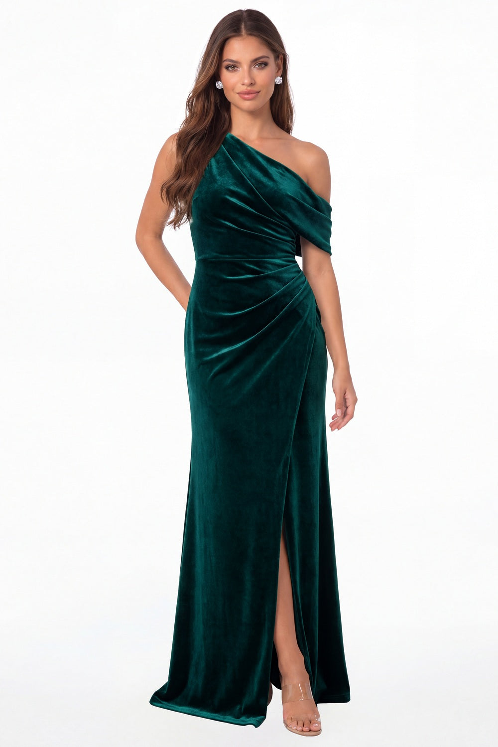 Peacock One Shoulder Velvet Ruched Slit Maxi Gown - Front View