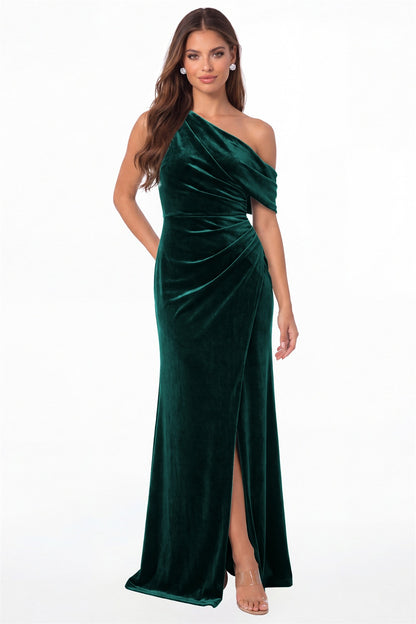 Peacock One Shoulder Velvet Ruched Slit Maxi Gown - Front View