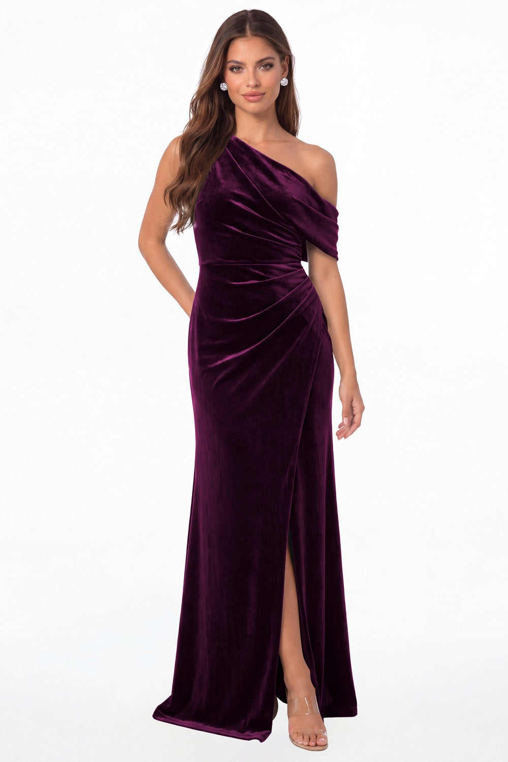Plum One Shoulder Velvet Ruched Slit Maxi Gown - Front View
