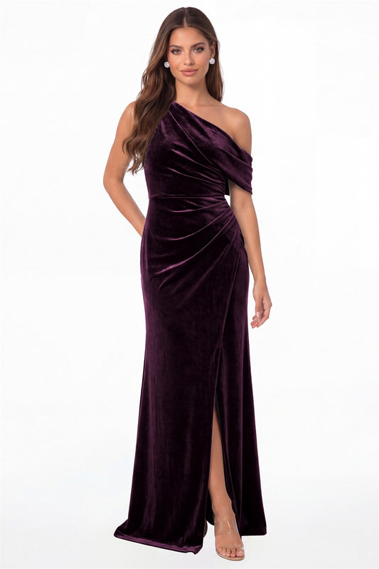 Plum One Shoulder Velvet Ruched Slit Maxi Gown - Front View