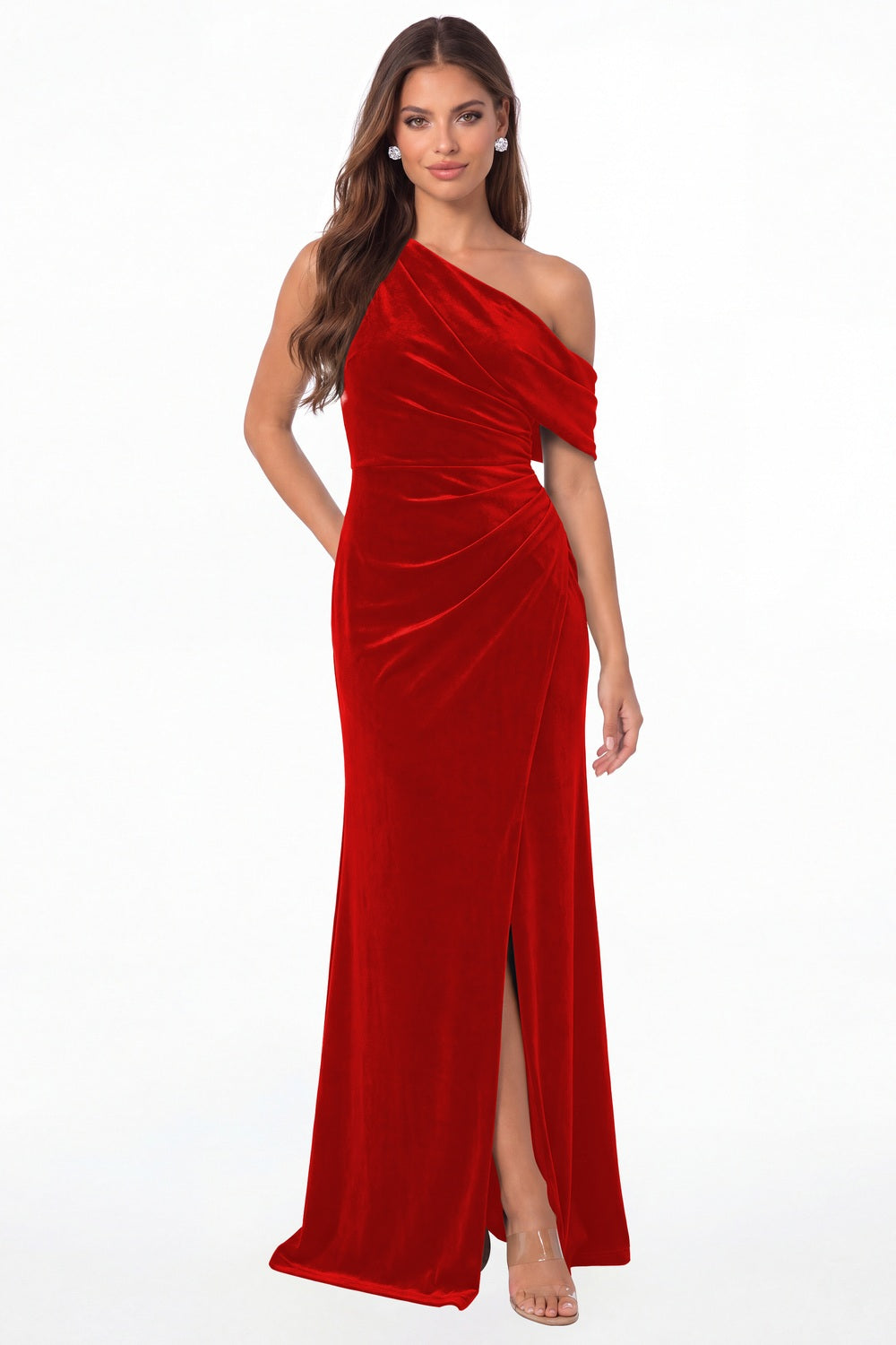 Red One Shoulder Velvet Ruched Slit Maxi Gown - Front View