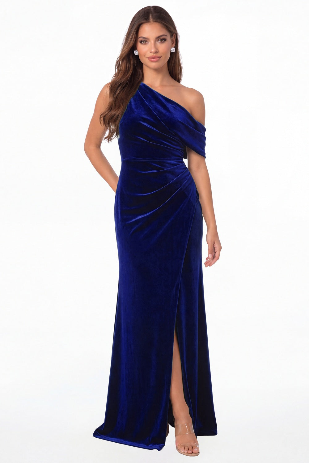 Royal Blue One Shoulder Velvet Ruched Slit Maxi Gown - Front View