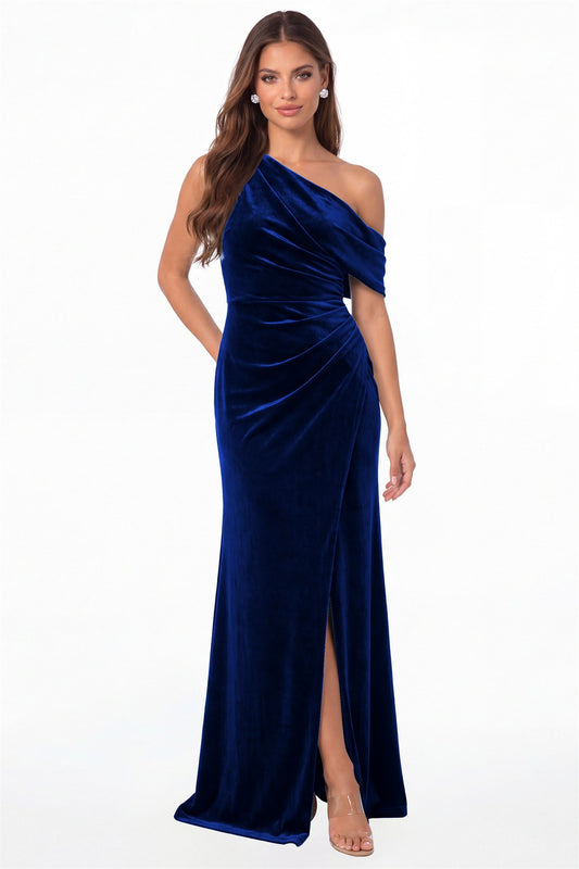 Royal Blue One Shoulder Velvet Ruched Slit Maxi Gown - Front View