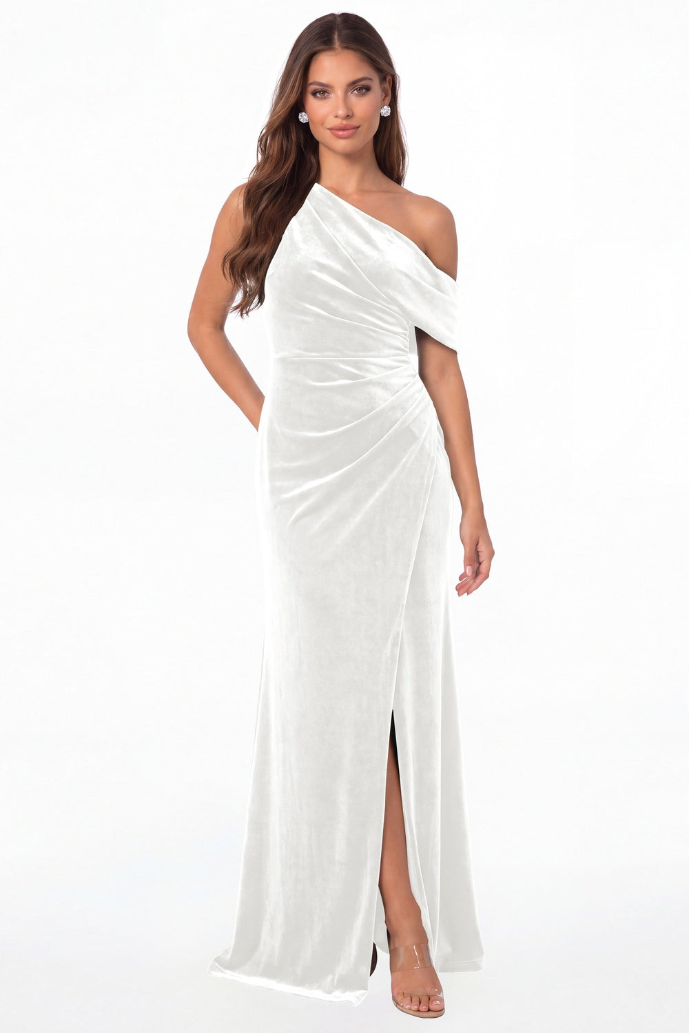 White One Shoulder Velvet Ruched Slit Maxi Gown - Front View