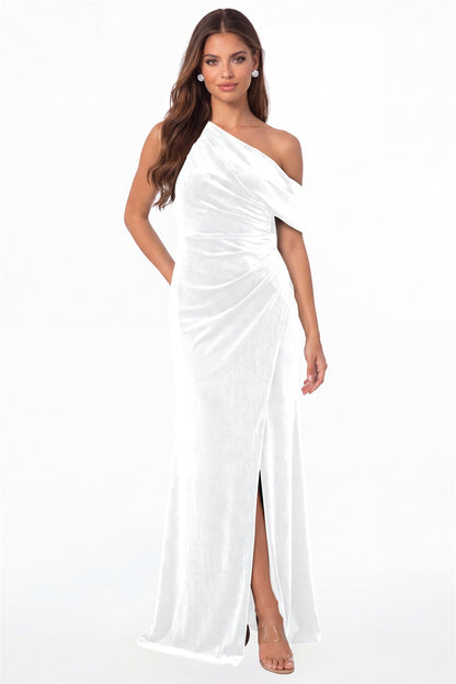 White One Shoulder Velvet Ruched Slit Maxi Gown - Front View