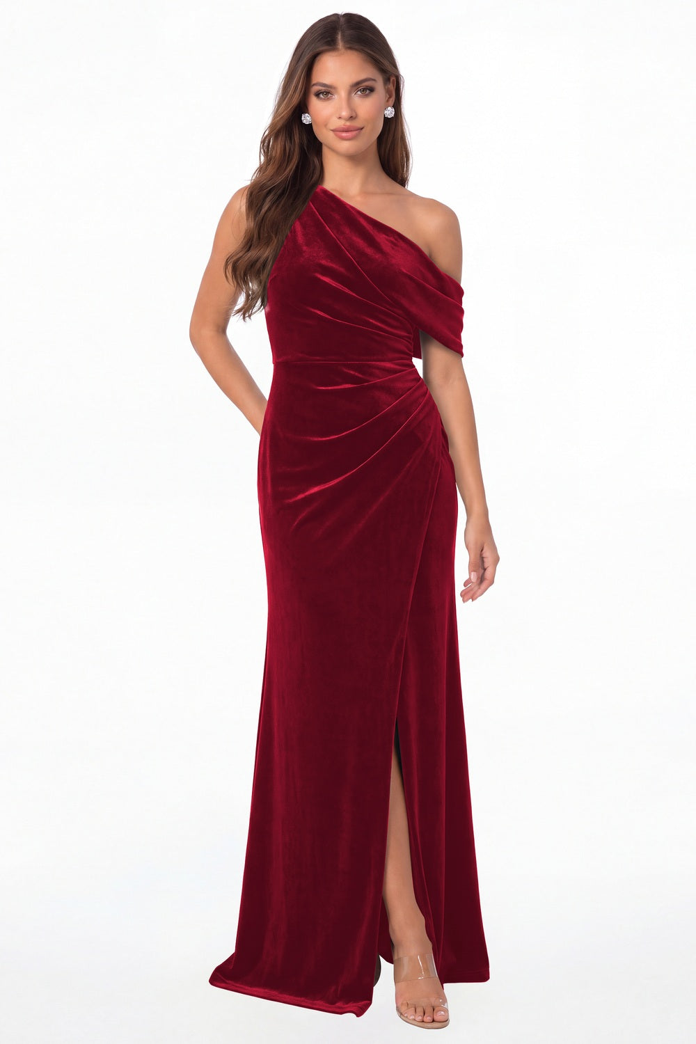 Wine Red One Shoulder Velvet Ruched Slit Maxi Gown - Front View