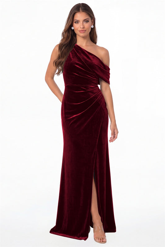 Wine Red One Shoulder Velvet Ruched Slit Maxi Gown - Front View