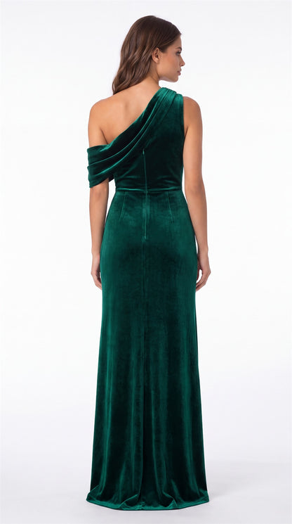 One Shoulder Velvet Ruched Slit Maxi Gown - Back View