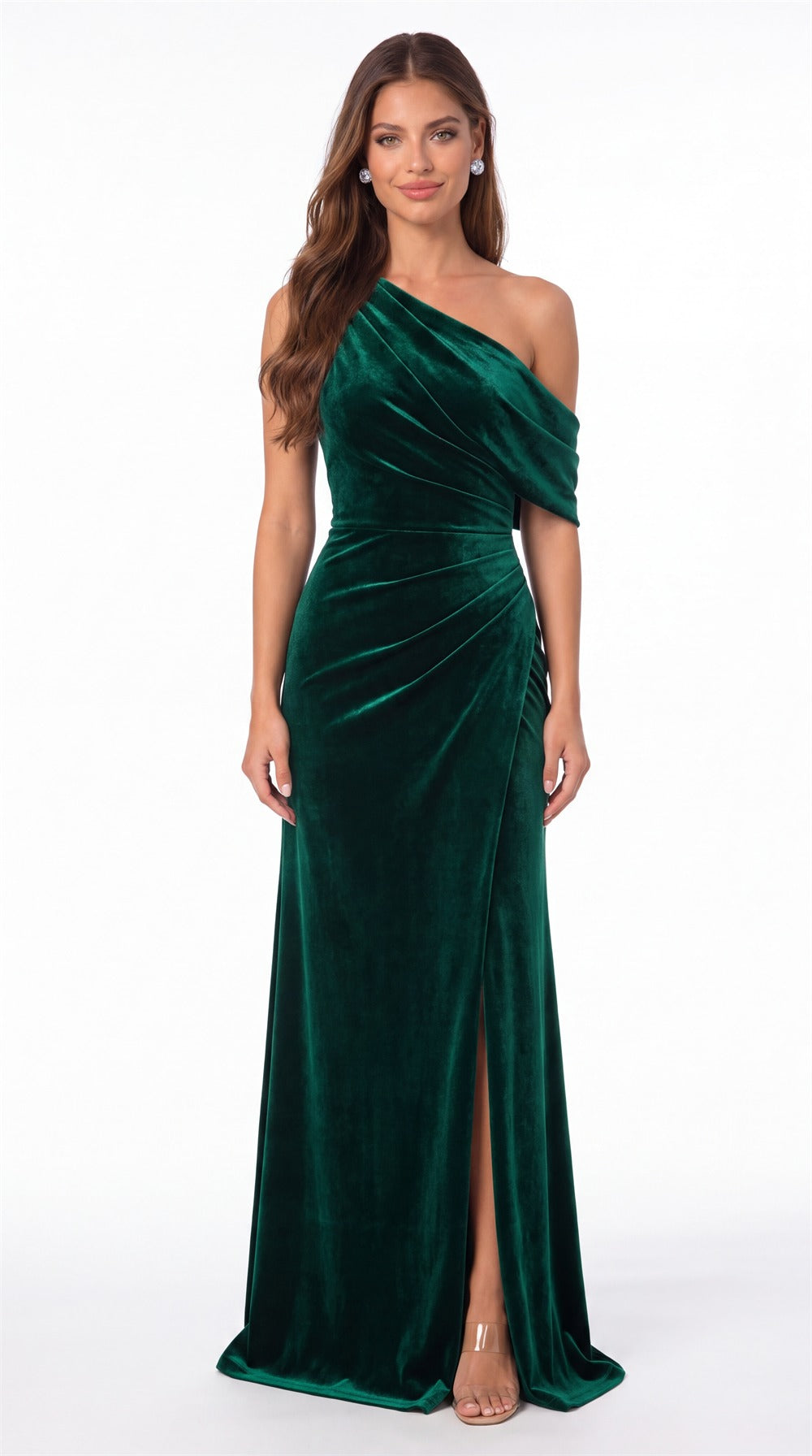 One Shoulder Velvet Ruched Slit Maxi Gown - Detail View 2