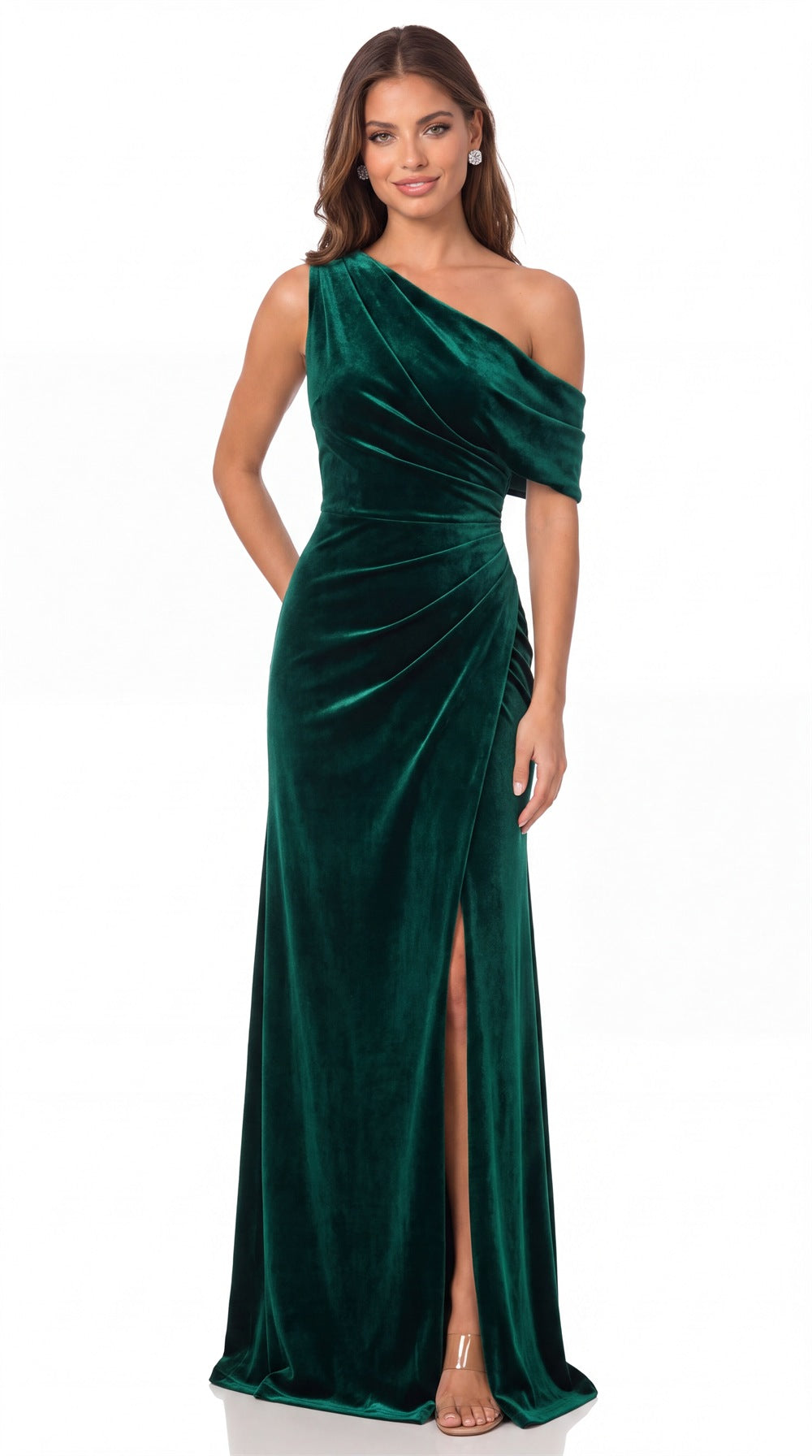 One Shoulder Velvet Ruched Slit Maxi Gown - Detail View 3