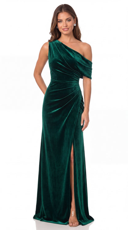 One Shoulder Velvet Ruched Slit Maxi Gown - Detail View 3