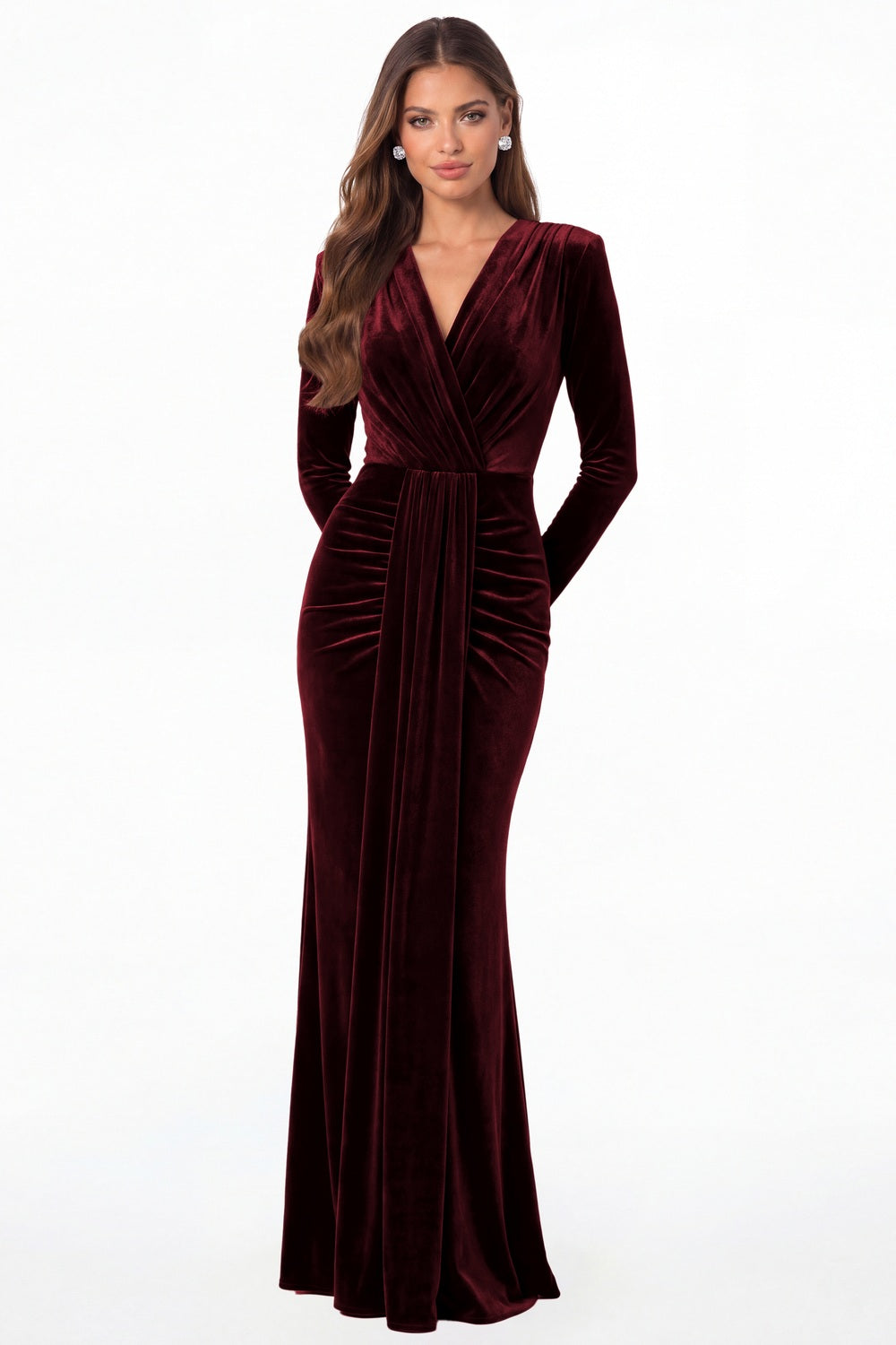 Burgundy V-Neck Long Sleeve Velvet Ruched Maxi Gown - Front View