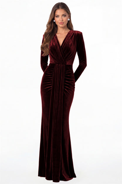 Burgundy V-Neck Long Sleeve Velvet Ruched Maxi Gown - Front View